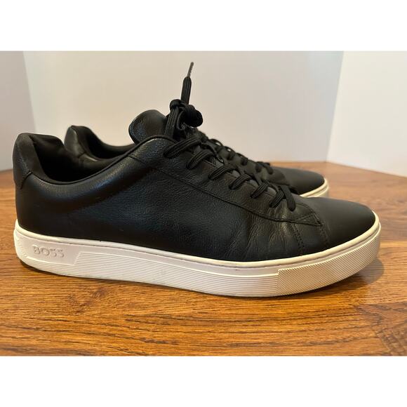 Boss Men's Rhys Low Profile Sneaker Black Leather Size 45 (12 US) Sleek, Stylish - Picture 2 of 9